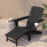 Halifax HDPE Adirondack Chair with Cup Holder and Pull Out Ottoman, All-Weather HDPE Indoor/Outdoor Lounge Chair in Black