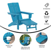 Halifax HDPE Adirondack Chair with Cup Holder and Pull Out Ottoman, All-Weather HDPE Indoor/Outdoor Lounge Chair in Blue