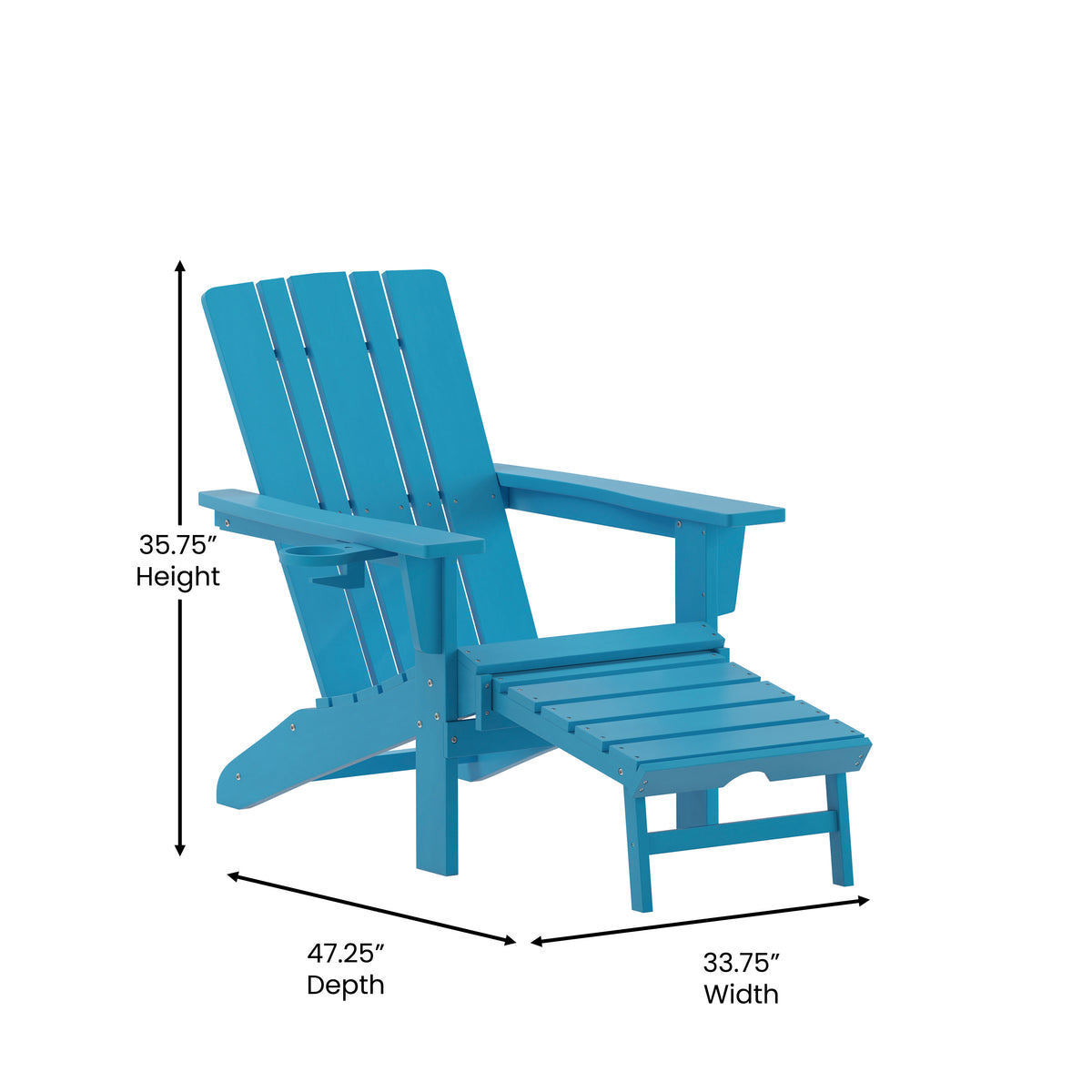 Halifax HDPE Adirondack Chair with Cup Holder and Pull Out Ottoman, All-Weather HDPE Indoor/Outdoor Lounge Chair in Blue