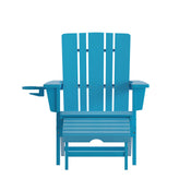 Halifax HDPE Adirondack Chair with Cup Holder and Pull Out Ottoman, All-Weather HDPE Indoor/Outdoor Lounge Chair in Blue