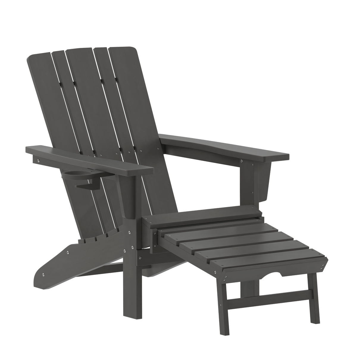 Halifax HDPE Adirondack Chair with Cup Holder and Pull Out Ottoman, All-Weather HDPE Indoor/Outdoor Lounge Chair in Gray