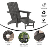 Halifax HDPE Adirondack Chair with Cup Holder and Pull Out Ottoman, All-Weather HDPE Indoor/Outdoor Lounge Chair in Gray