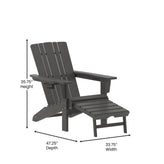 Halifax HDPE Adirondack Chair with Cup Holder and Pull Out Ottoman, All-Weather HDPE Indoor/Outdoor Lounge Chair in Gray