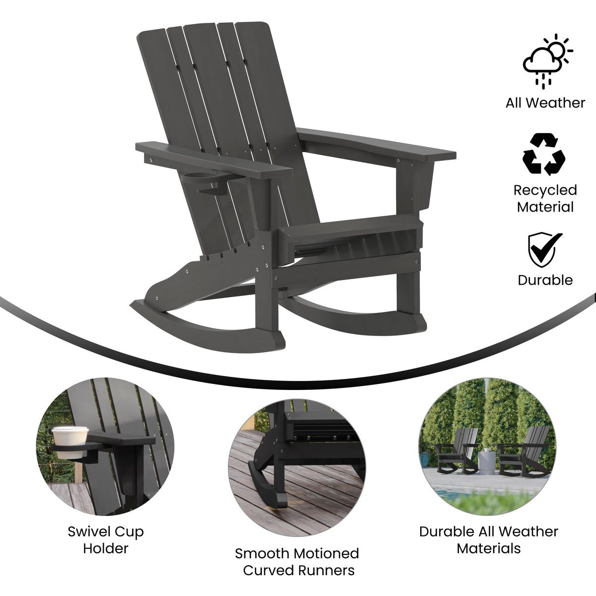Halifax Adirondack Rocking Chair with Cup Holder, Weather Resistant HDPE Adirondack Rocking Chair in Gray