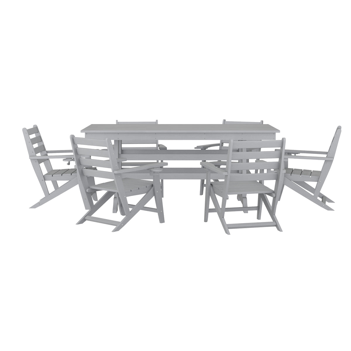Tolleson Commercial 7 Piece Adirondack Dining Set with 72" Rectangle Indoor/Outdoor Recycled HDPE Table and 6 Chairs with Cupholders in Gray