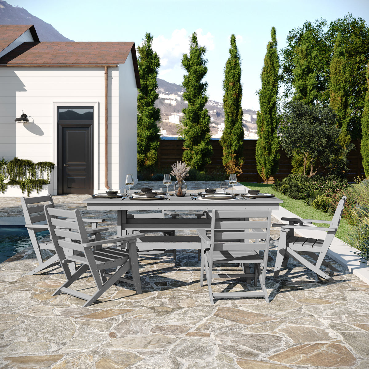 Tolleson Commercial 7 Piece Adirondack Dining Set with 72" Rectangle Indoor/Outdoor Recycled HDPE Table and 6 Chairs with Cupholders in Gray