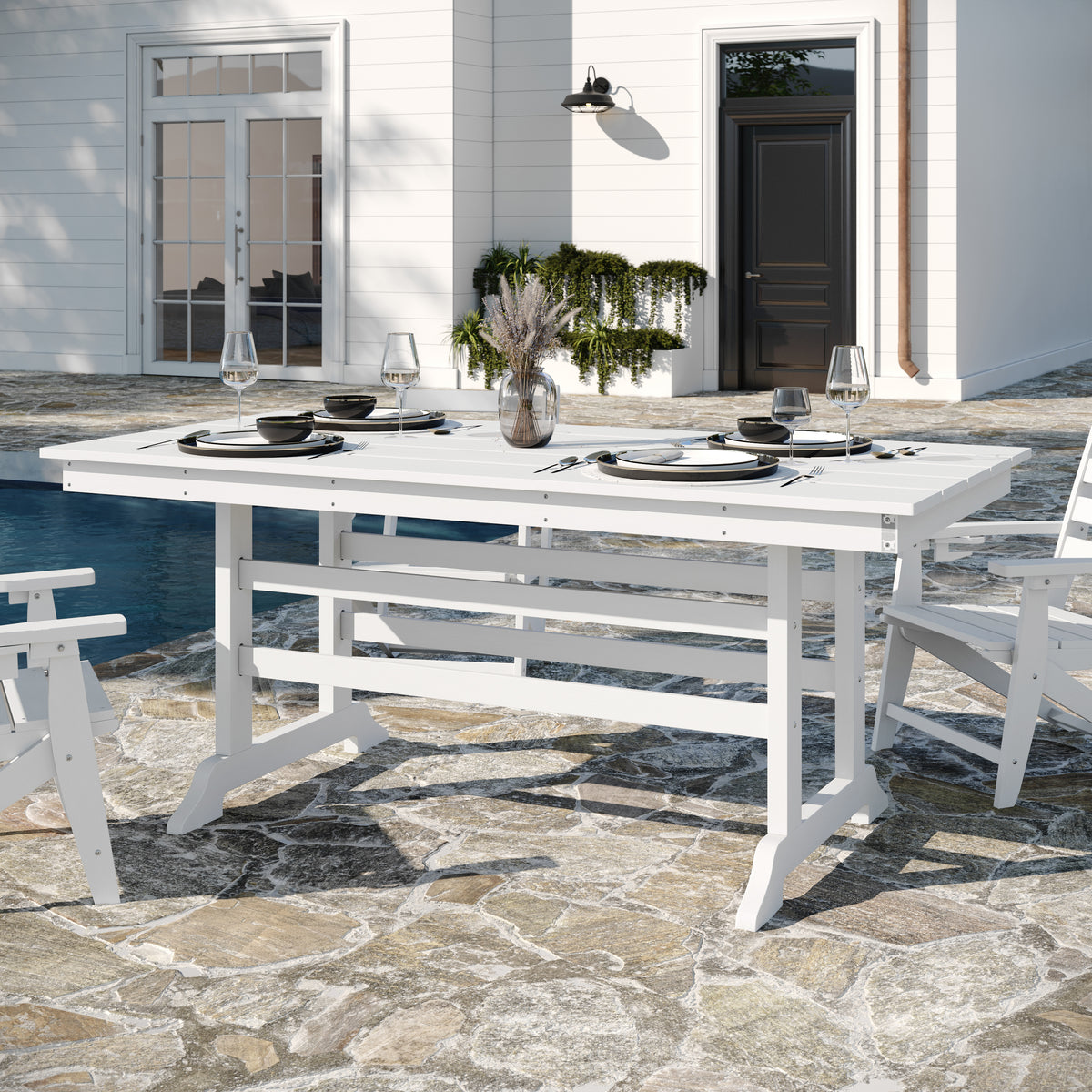 Tolleson Commercial 7 Piece Adirondack Dining Set with 72" Rectangle Indoor/Outdoor Recycled HDPE Table and 6 Chairs with Cupholders in White