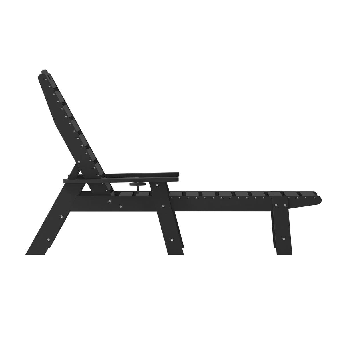 Monterey Commercial Grade 3-Piece Indoor/Outdoor Adirondack Set with 2 Adjustable HDPE Loungers with Cup Holders and Folding Side Table in Black
