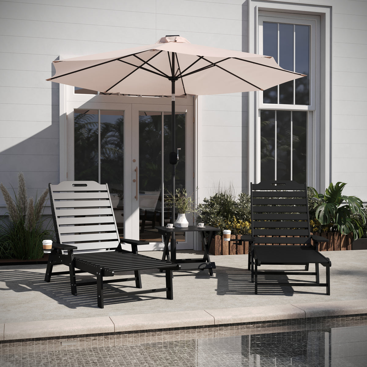 Monterey Commercial Grade 3-Piece Indoor/Outdoor Adirondack Set with 2 Adjustable HDPE Loungers with Cup Holders and Folding Side Table in Black