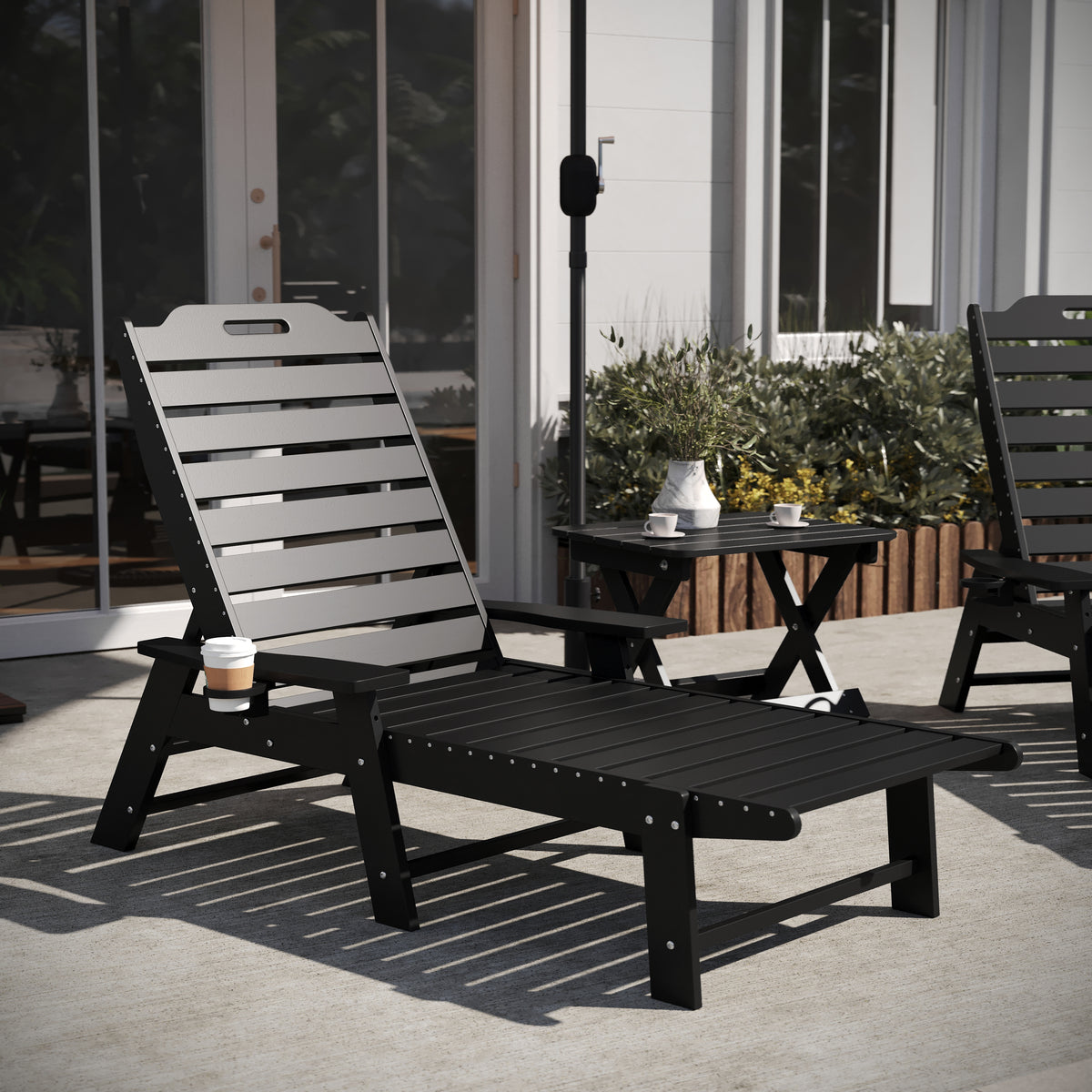 Monterey Commercial Grade 3-Piece Indoor/Outdoor Adirondack Set with 2 Adjustable HDPE Loungers with Cup Holders and Folding Side Table in Black