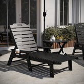 Monterey Commercial Grade 3-Piece Indoor/Outdoor Adirondack Set with 2 Adjustable HDPE Loungers with Cup Holders and Folding Side Table in Black