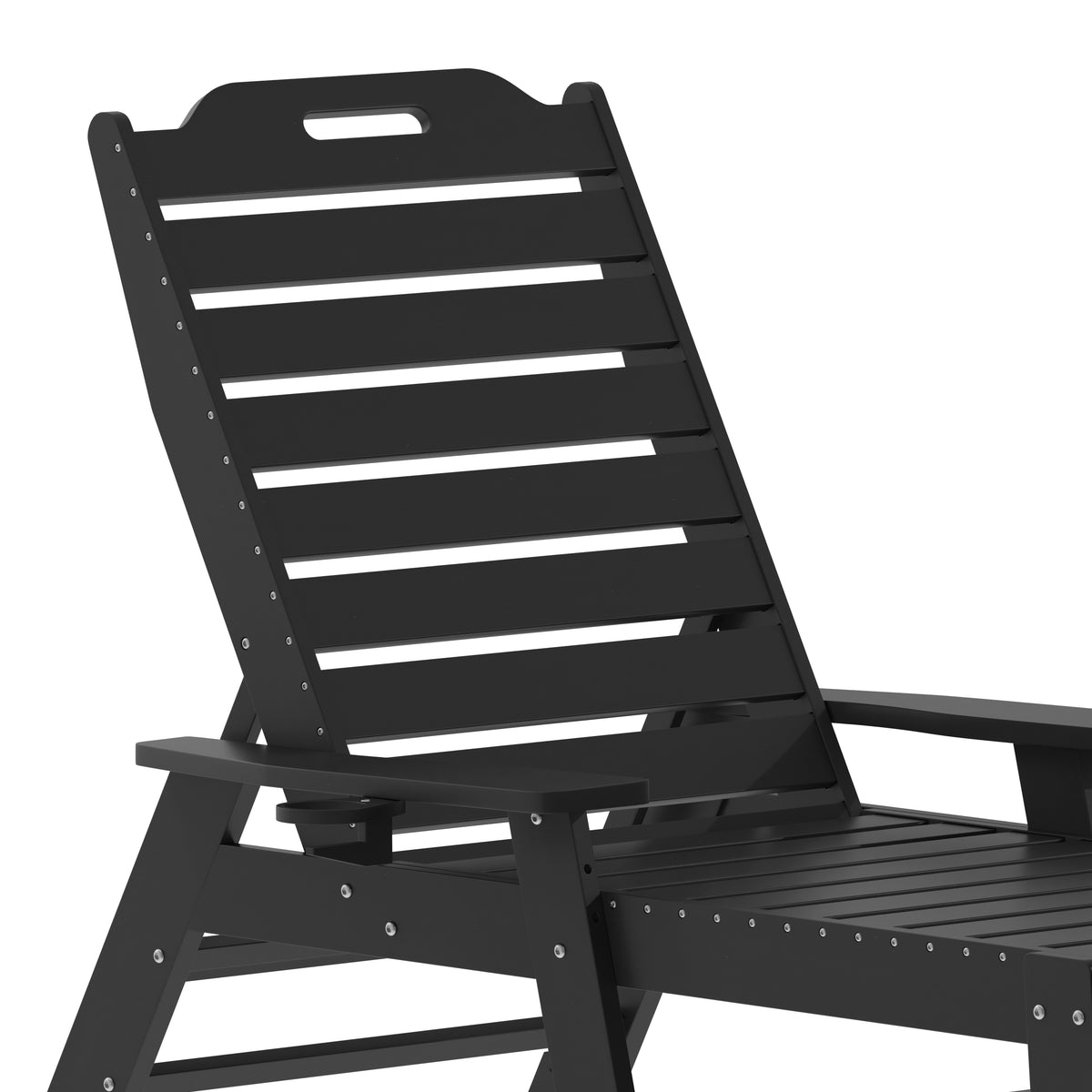Monterey Adjustable Adirondack Lounger with Cup Holder- All-Weather Indoor/Outdoor HDPE Lounge Chair in Black