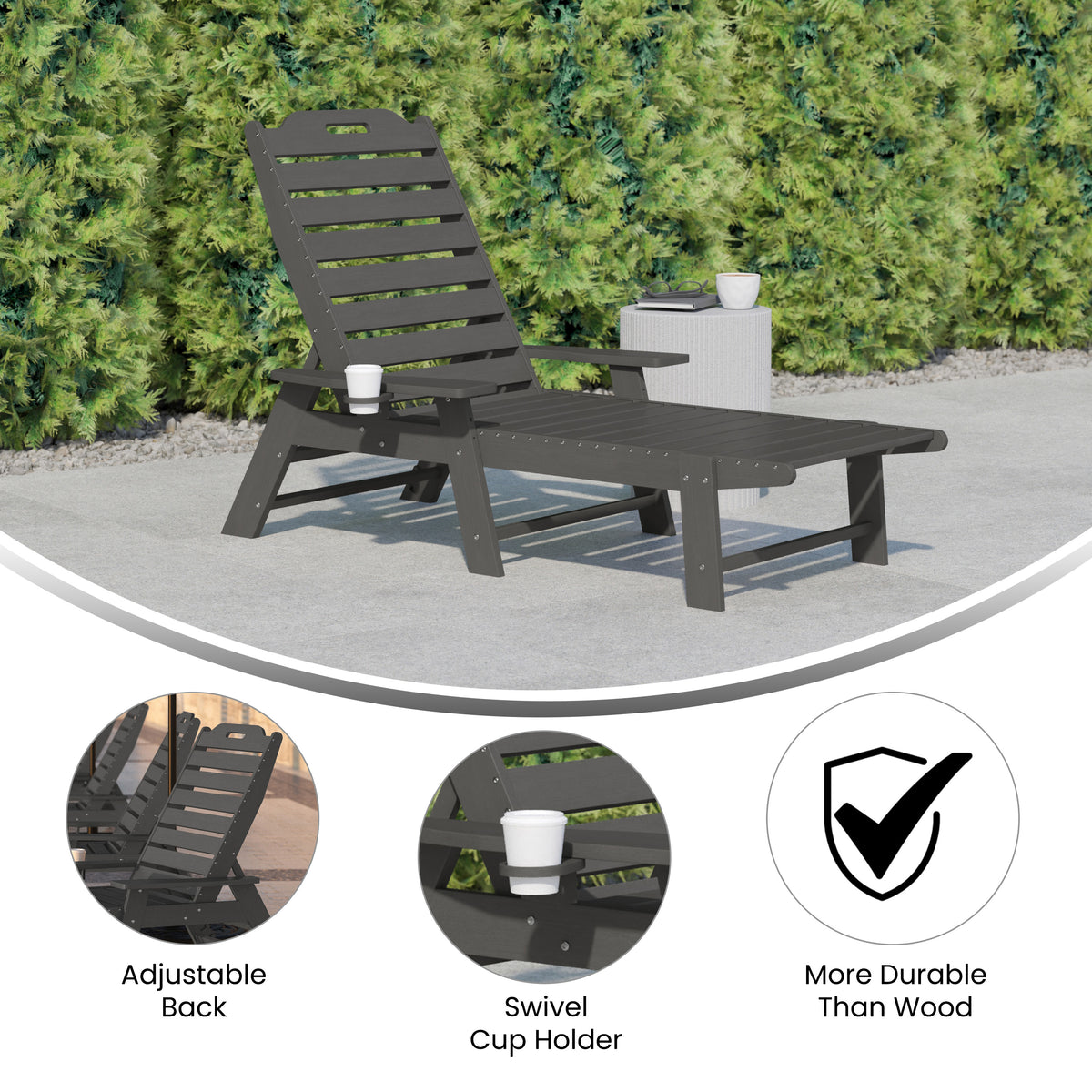 Monterey Adjustable Adirondack Lounger with Cup Holder- All-Weather Indoor/Outdoor HDPE Lounge Chair in Gray