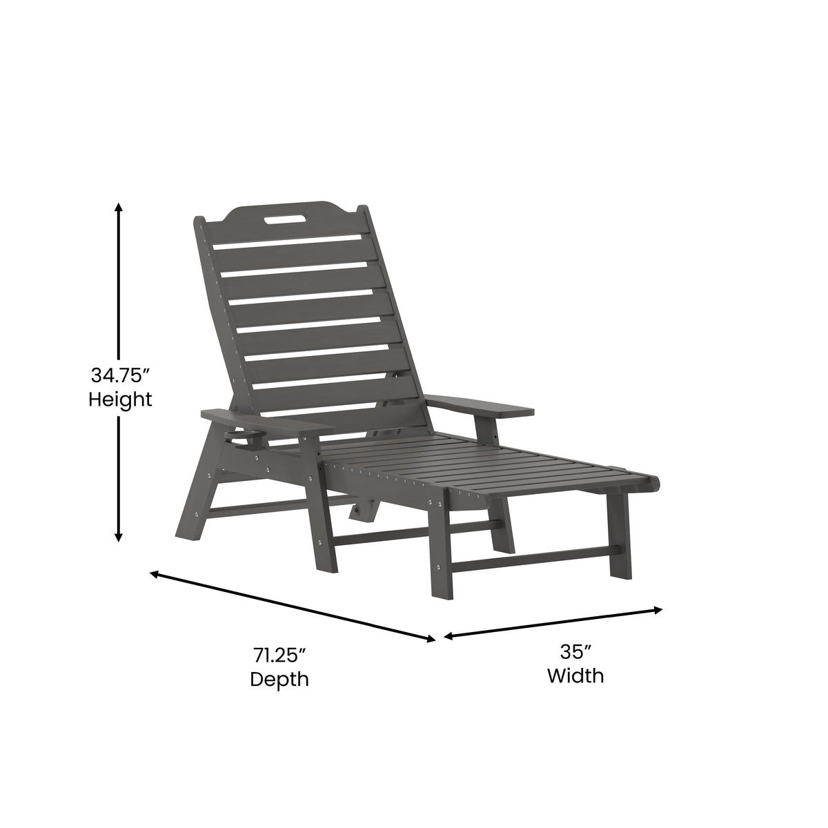 Monterey Adjustable Adirondack Lounger with Cup Holder- All-Weather Indoor/Outdoor HDPE Lounge Chair in Gray