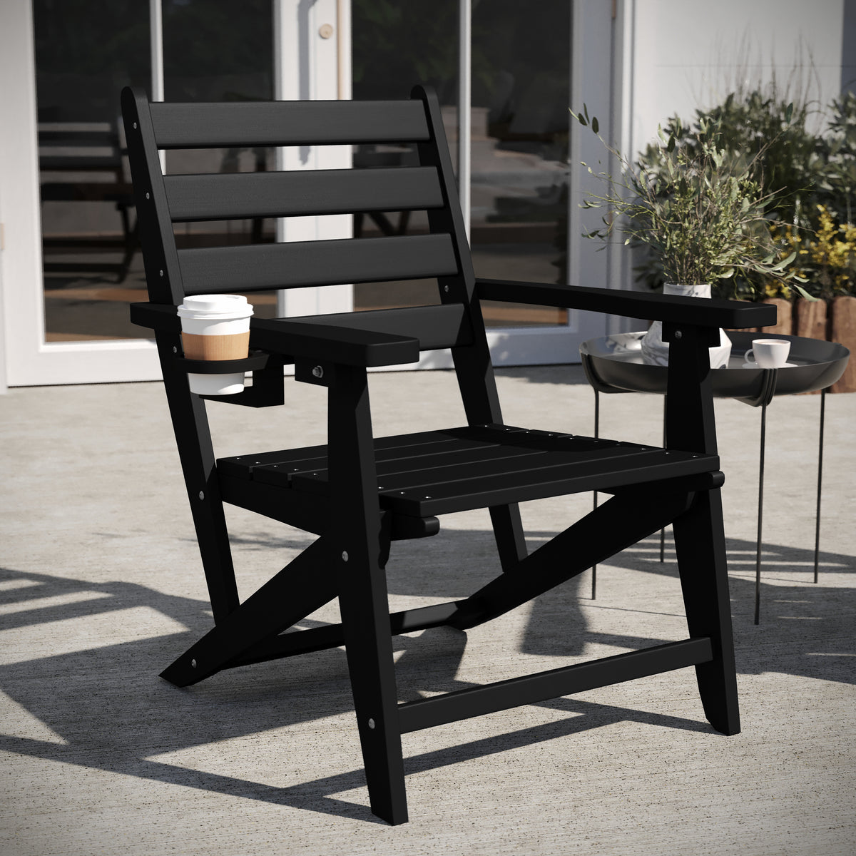 Tolleson Commercial Grade Adirondack Dining Chair with Fold Out Cup Holder, Weather Resistant Recycled HDPE Adirondack Chair in Black