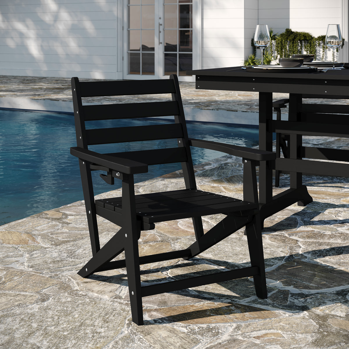 Tolleson Commercial Grade Adirondack Dining Chair with Fold Out Cup Holder, Weather Resistant Recycled HDPE Adirondack Chair in Black