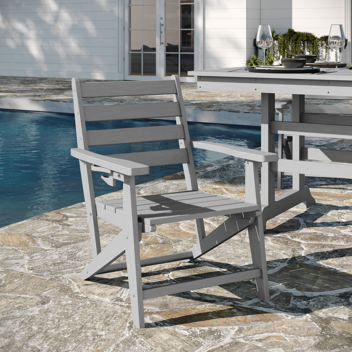 Tolleson Commercial Grade Adirondack Dining Chair with Fold Out Cup Holder, Weather Resistant Recycled HDPE Adirondack Chair in Gray