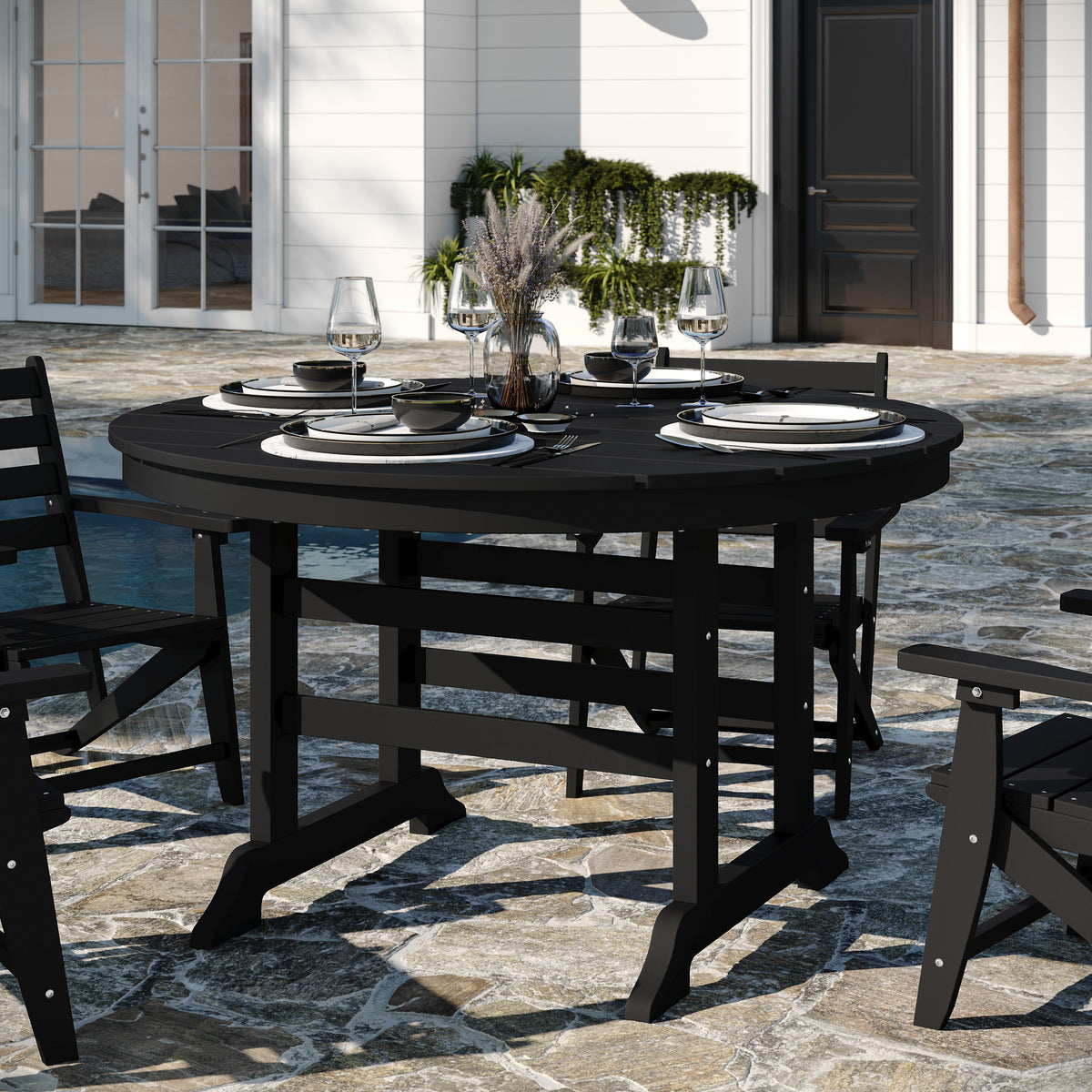 Colonel Commercial Grade Indoor/Outdoor 48" Round Recycled HDPE Adirondack Dining Table for 4 in Black