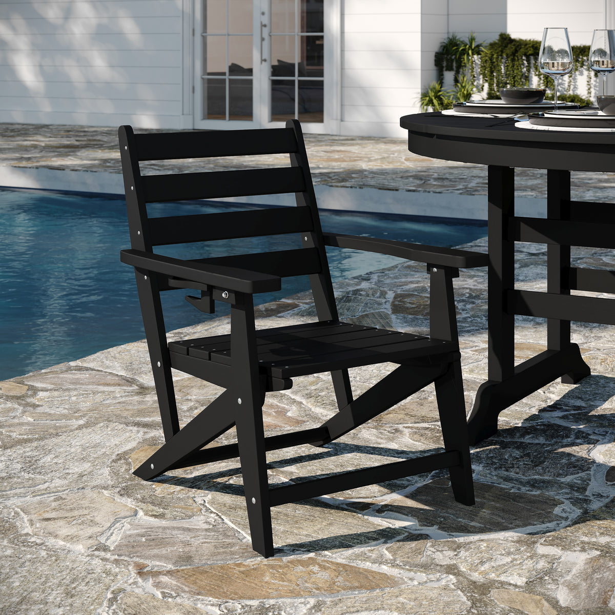 Tolleson Commercial 5 Piece Adirondack Dining Set with 48" Round Indoor/Outdoor Recycled HDPE Table and 4 Chairs with Cupholders in Black