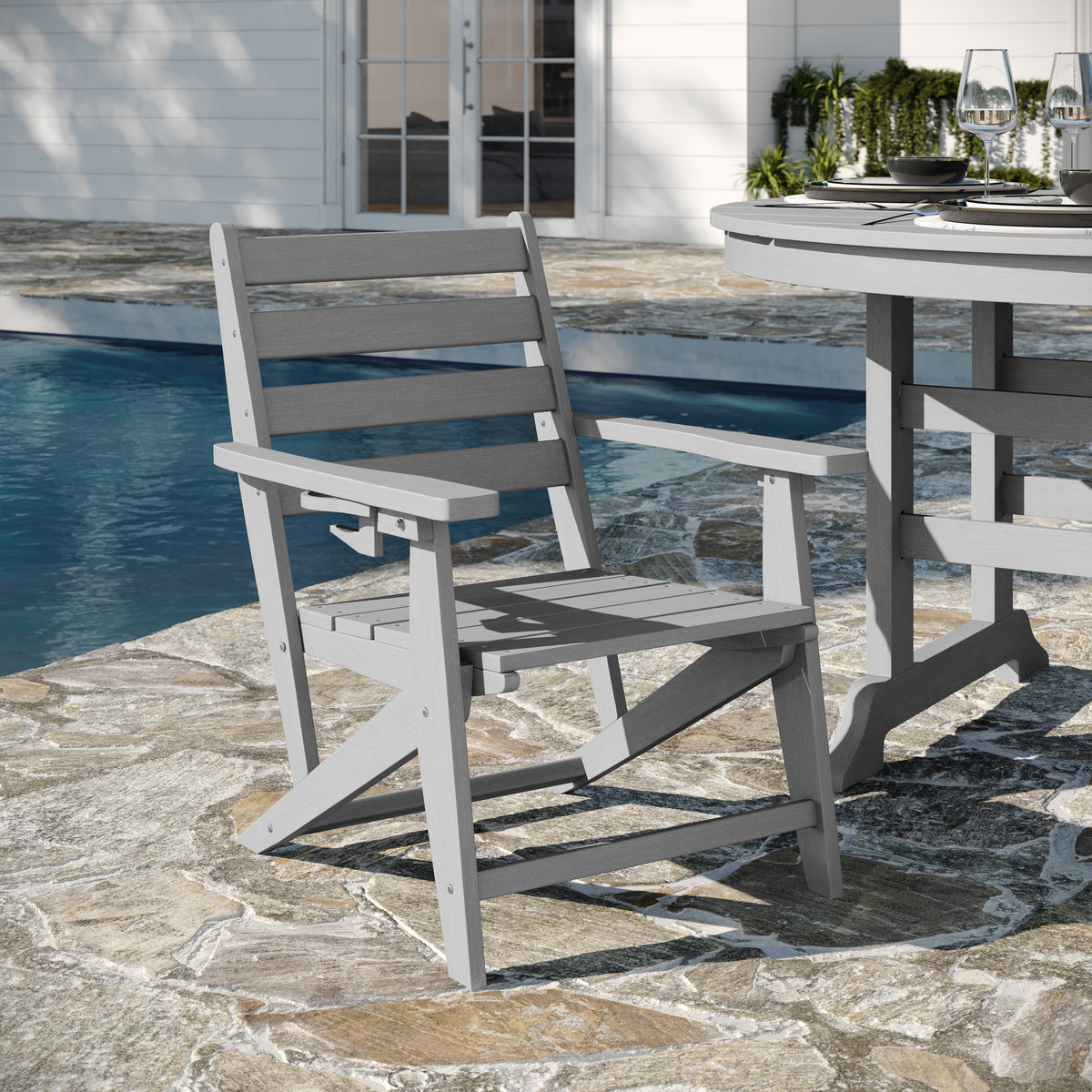 Tolleson Commercial 5 Piece Adirondack Dining Set with 48" Round Indoor/Outdoor Recycled HDPE Table and 4 Chairs with Cupholders in Gray