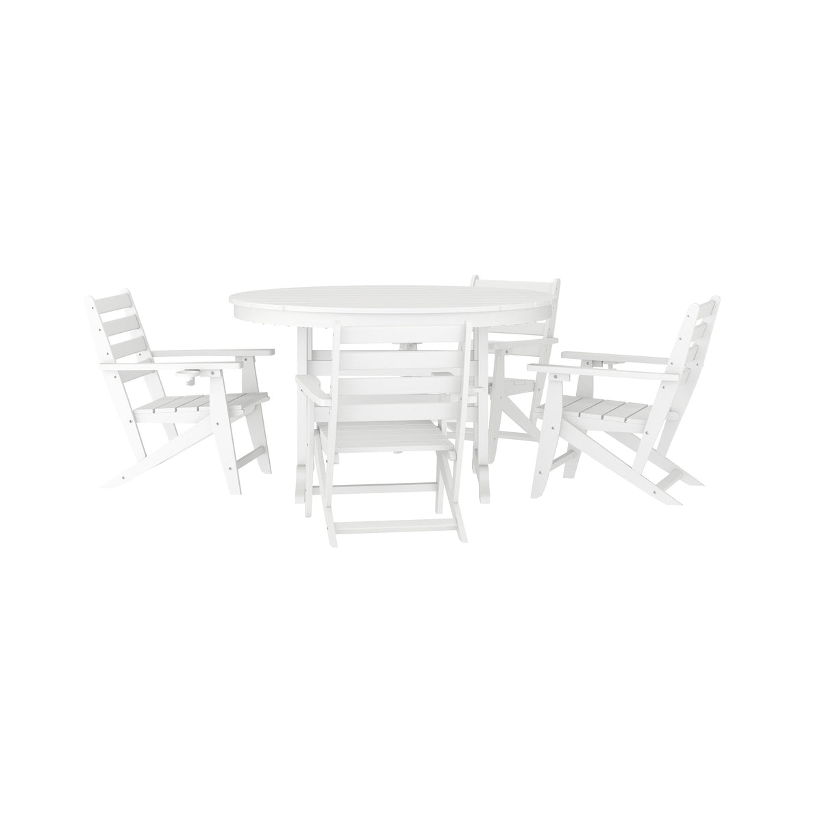 Tolleson Commercial 5 Piece Adirondack Dining Set with 48" Round Indoor/Outdoor Recycled HDPE Table and 4 Chairs with Cupholders in White