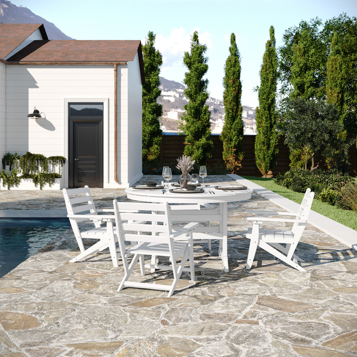 Tolleson Commercial 5 Piece Adirondack Dining Set with 48" Round Indoor/Outdoor Recycled HDPE Table and 4 Chairs with Cupholders in White
