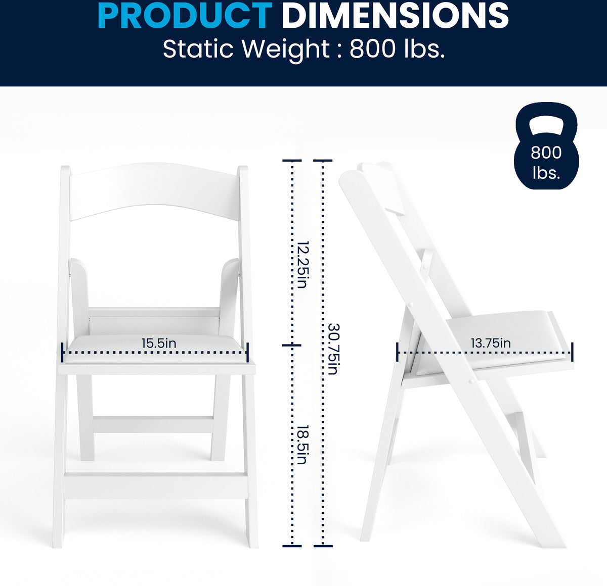 Hercules Folding Chair - White Resin - 2 Pack 800LB Weight Capacity Comfortable Event Chair - Light Weight Folding Chair