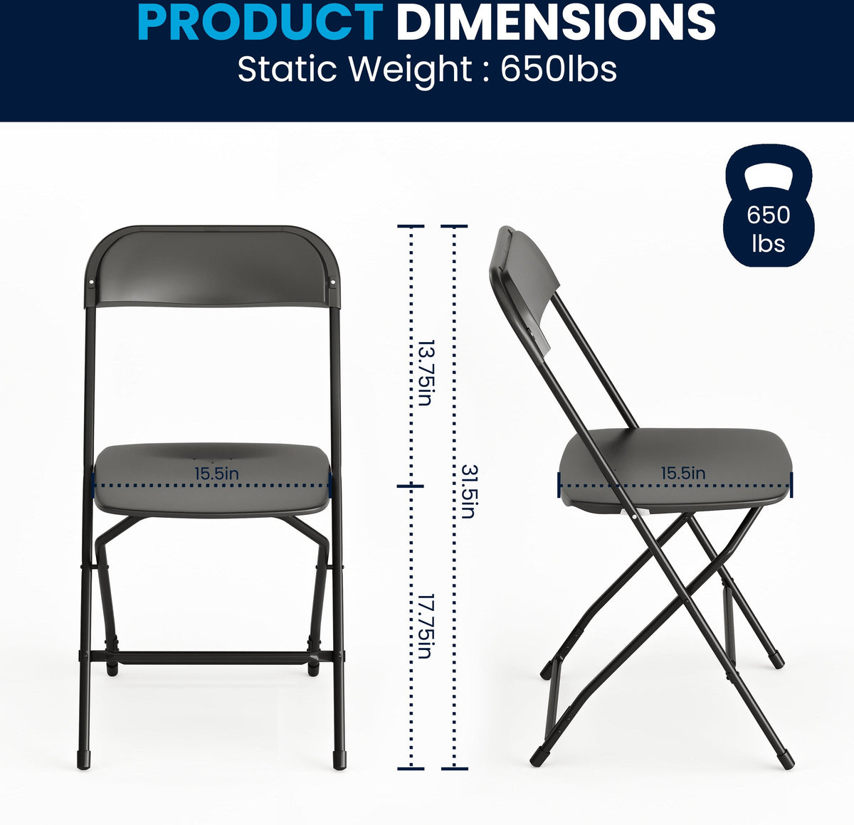 Hercules Series Plastic Folding Chair Black - 2 Pack 650LB Weight Capacity Comfortable Event Chair-Lightweight Folding Chair