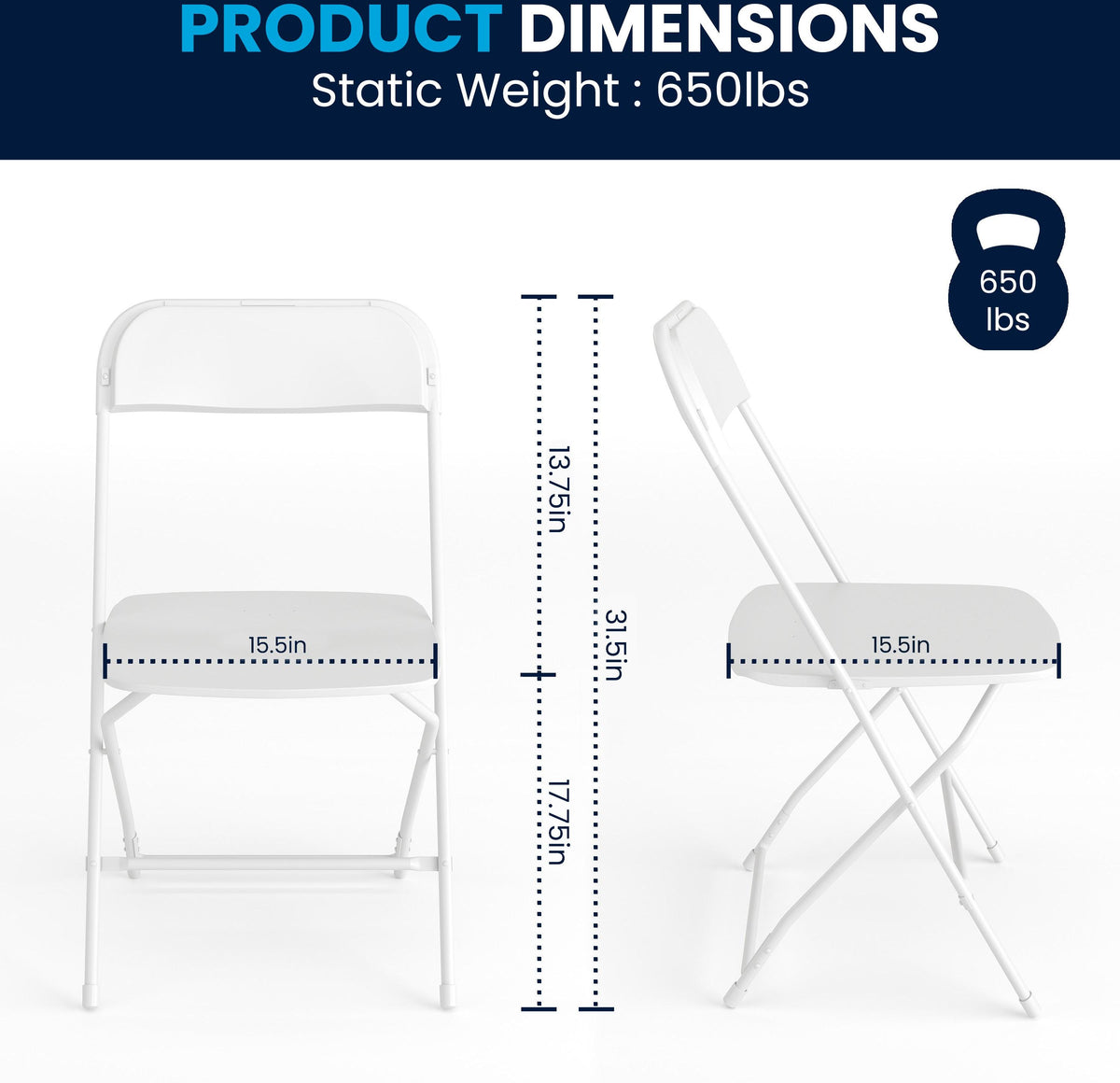 Hercules Series Plastic Folding Chair White - 2 Pack 650LB Weight Capacity Comfortable Event Chair-Lightweight Folding Chair