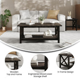 Jasper Farmhouse Style Solid Wood Coffee Table with Traditional X-Frame Design and Lower Shelf in Dark Gray