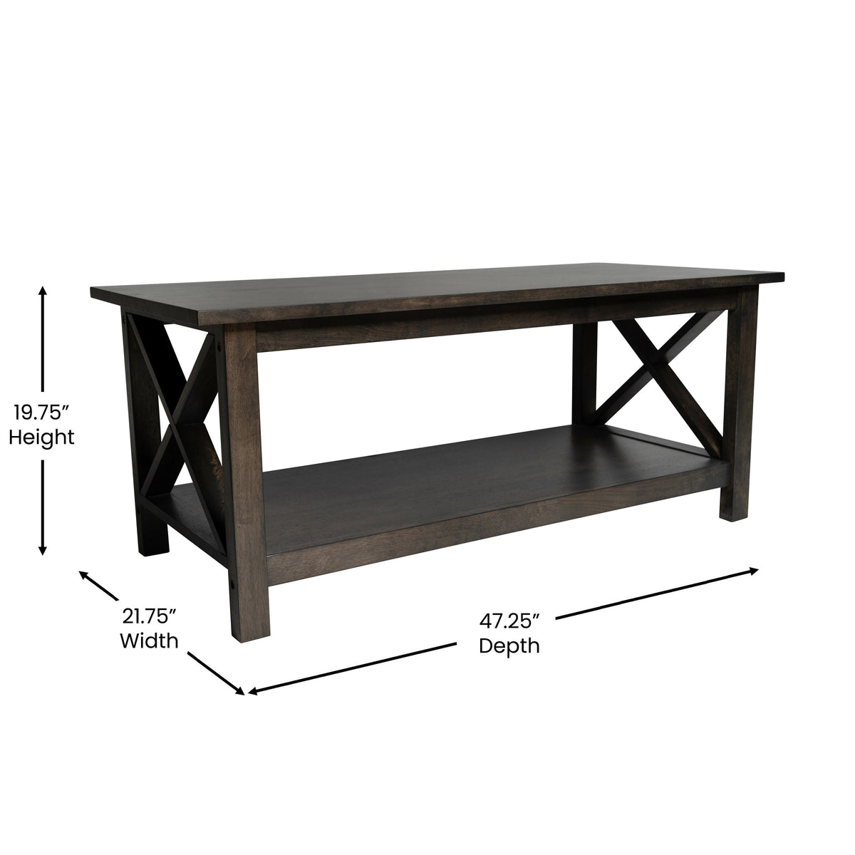 Jasper Farmhouse Style Solid Wood Coffee Table with Traditional X-Frame Design and Lower Shelf in Dark Gray