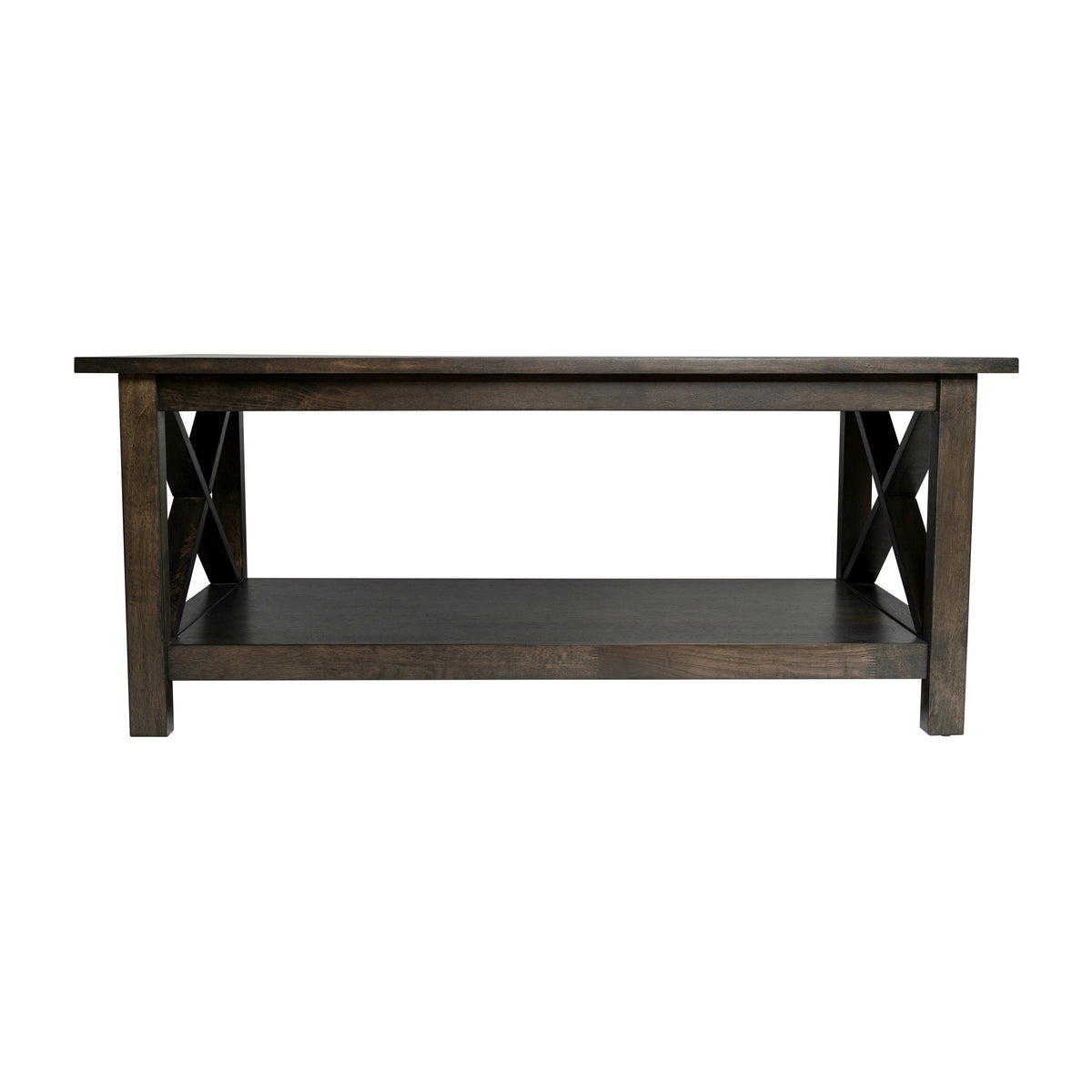 Jasper Farmhouse Style Solid Wood Coffee Table with Traditional X-Frame Design and Lower Shelf in Dark Gray
