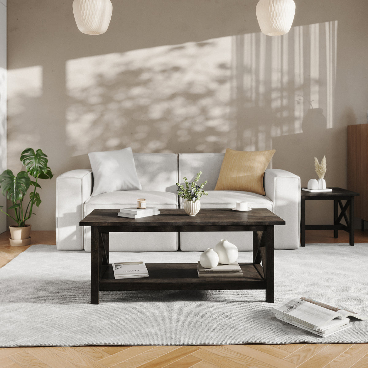 Jasper Farmhouse Style Solid Wood Coffee Table with Traditional X-Frame Design and Lower Shelf in Dark Gray