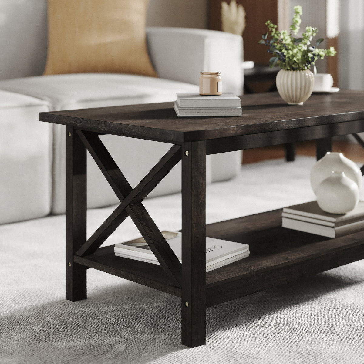 Jasper Farmhouse Style Solid Wood Coffee Table with Traditional X-Frame Design and Lower Shelf in Dark Gray