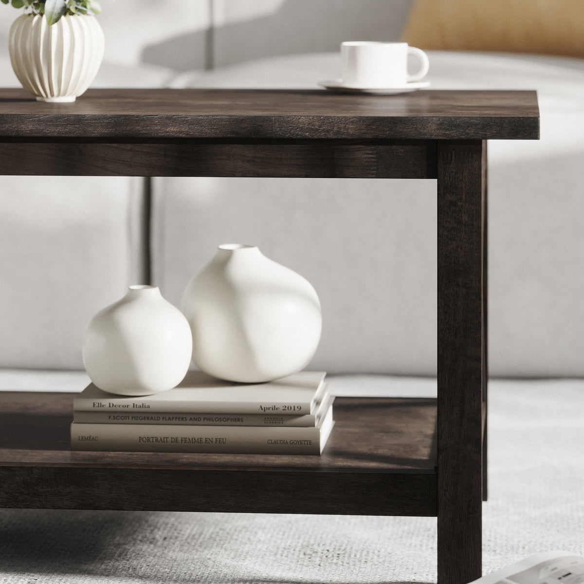 Jasper Farmhouse Style Solid Wood Coffee Table with Traditional X-Frame Design and Lower Shelf in Dark Gray