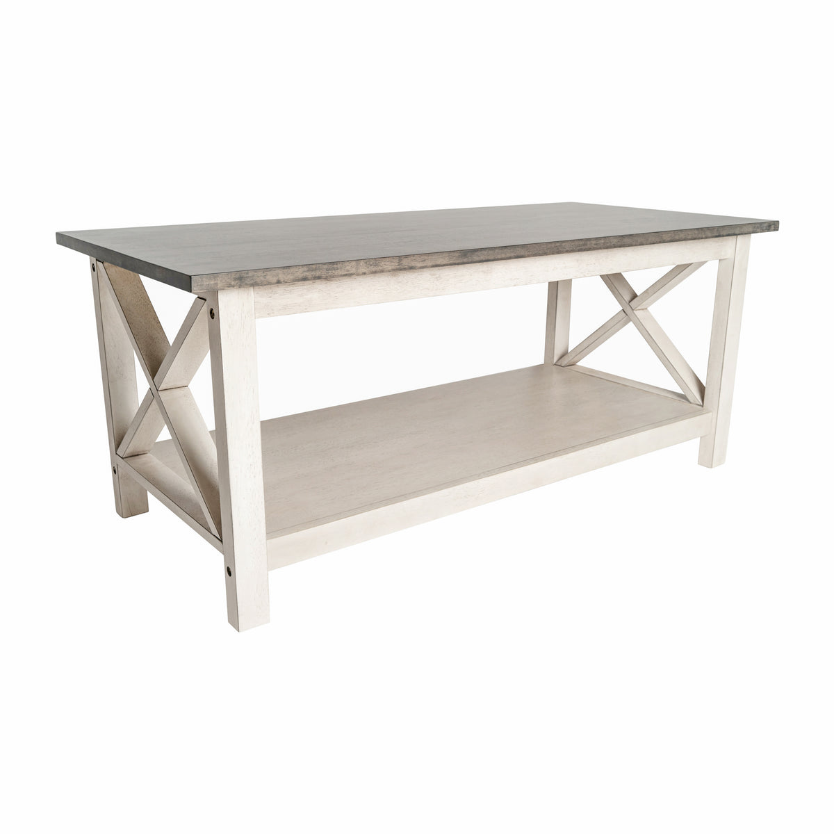 Jasper Farmhouse Style Solid Wood Coffee Table with Traditional X-Frame Design and Lower Shelf in Acacia Gray and Rustic White