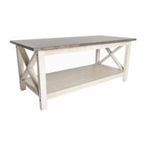 Jasper Farmhouse Style Solid Wood Coffee Table with Traditional X-Frame Design and Lower Shelf in Acacia Gray and Rustic White