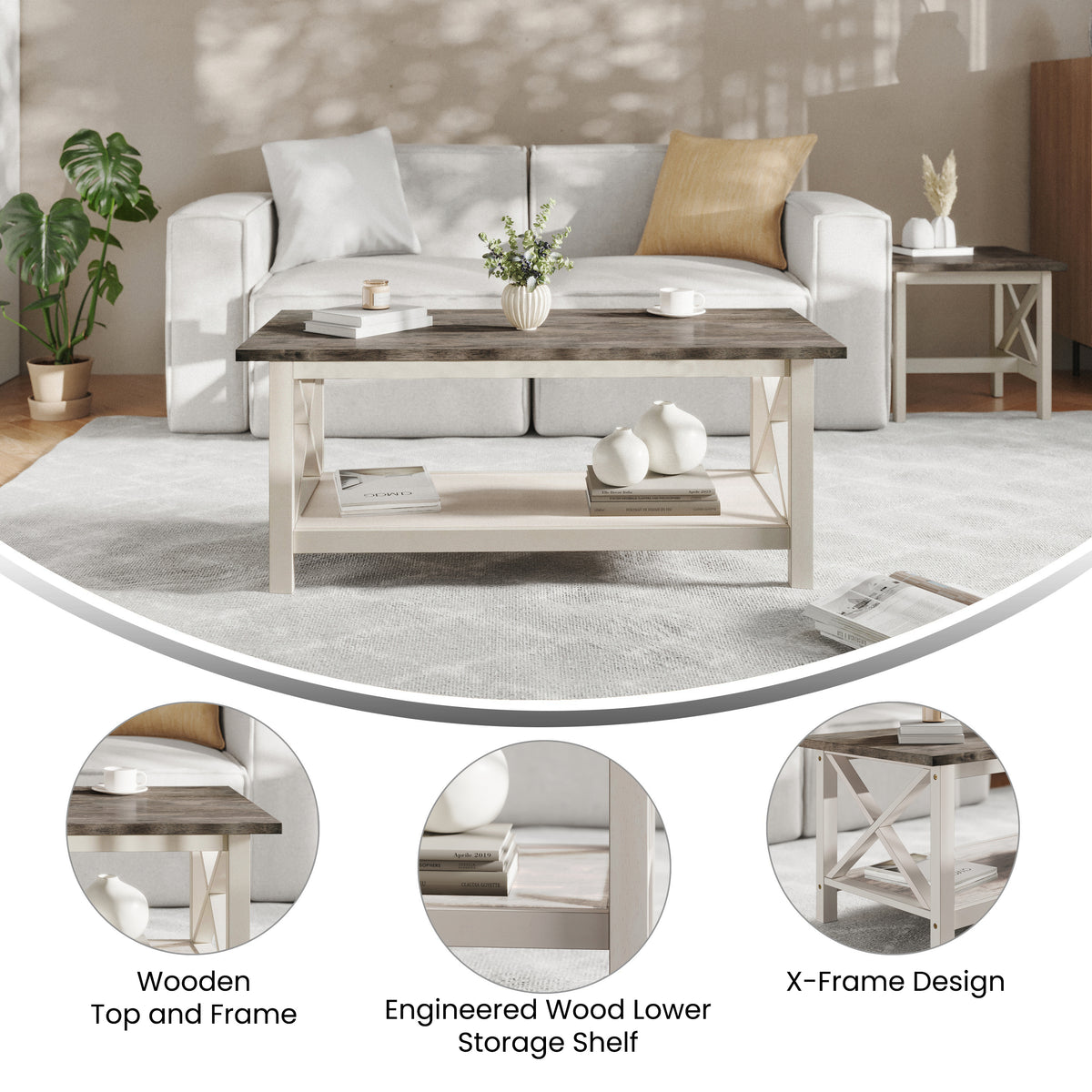 Jasper Farmhouse Style Solid Wood Coffee Table with Traditional X-Frame Design and Lower Shelf in Acacia Gray and Rustic White