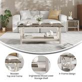 Jasper Farmhouse Style Solid Wood Coffee Table with Traditional X-Frame Design and Lower Shelf in Acacia Gray and Rustic White