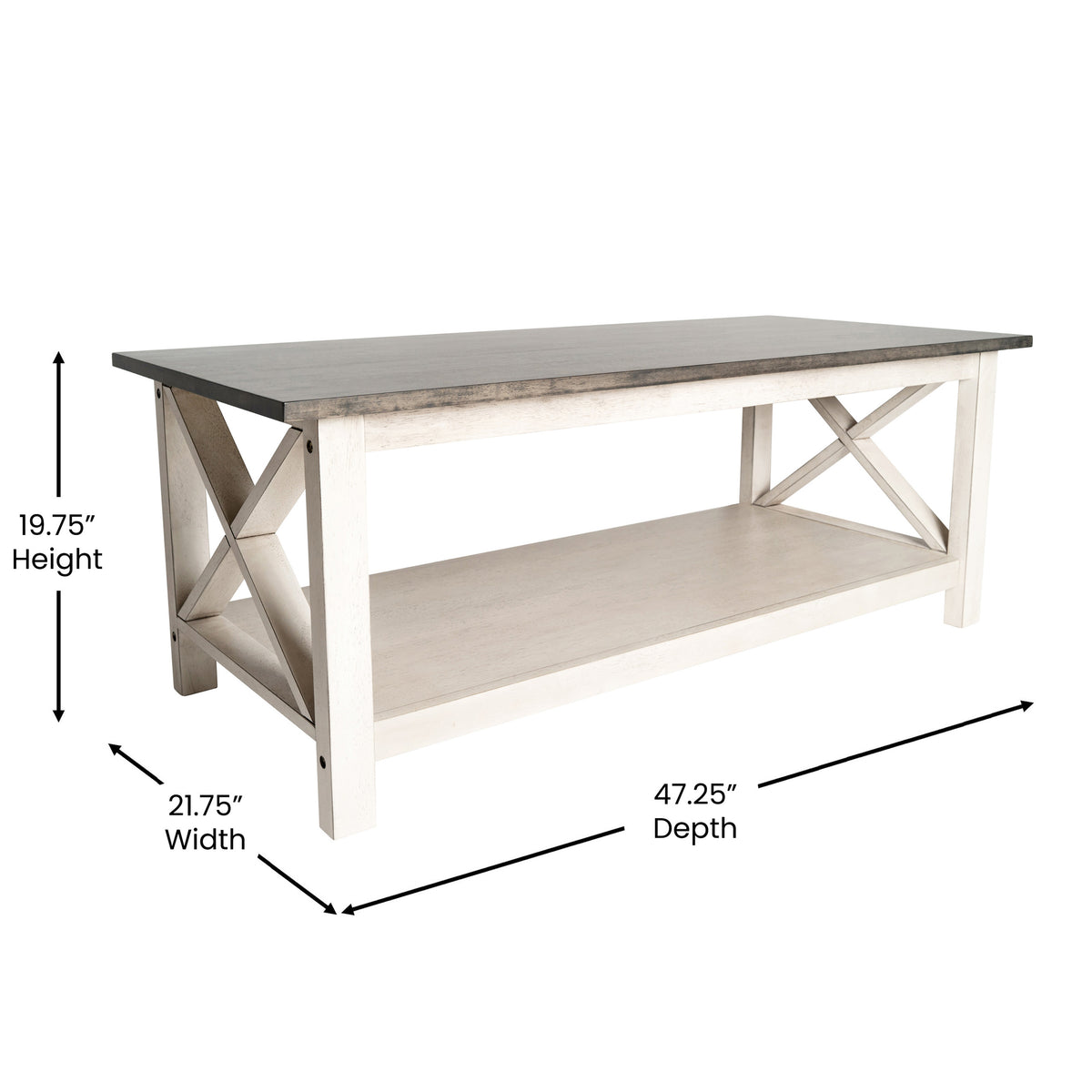 Jasper Farmhouse Style Solid Wood Coffee Table with Traditional X-Frame Design and Lower Shelf in Acacia Gray and Rustic White
