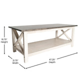 Jasper Farmhouse Style Solid Wood Coffee Table with Traditional X-Frame Design and Lower Shelf in Acacia Gray and Rustic White
