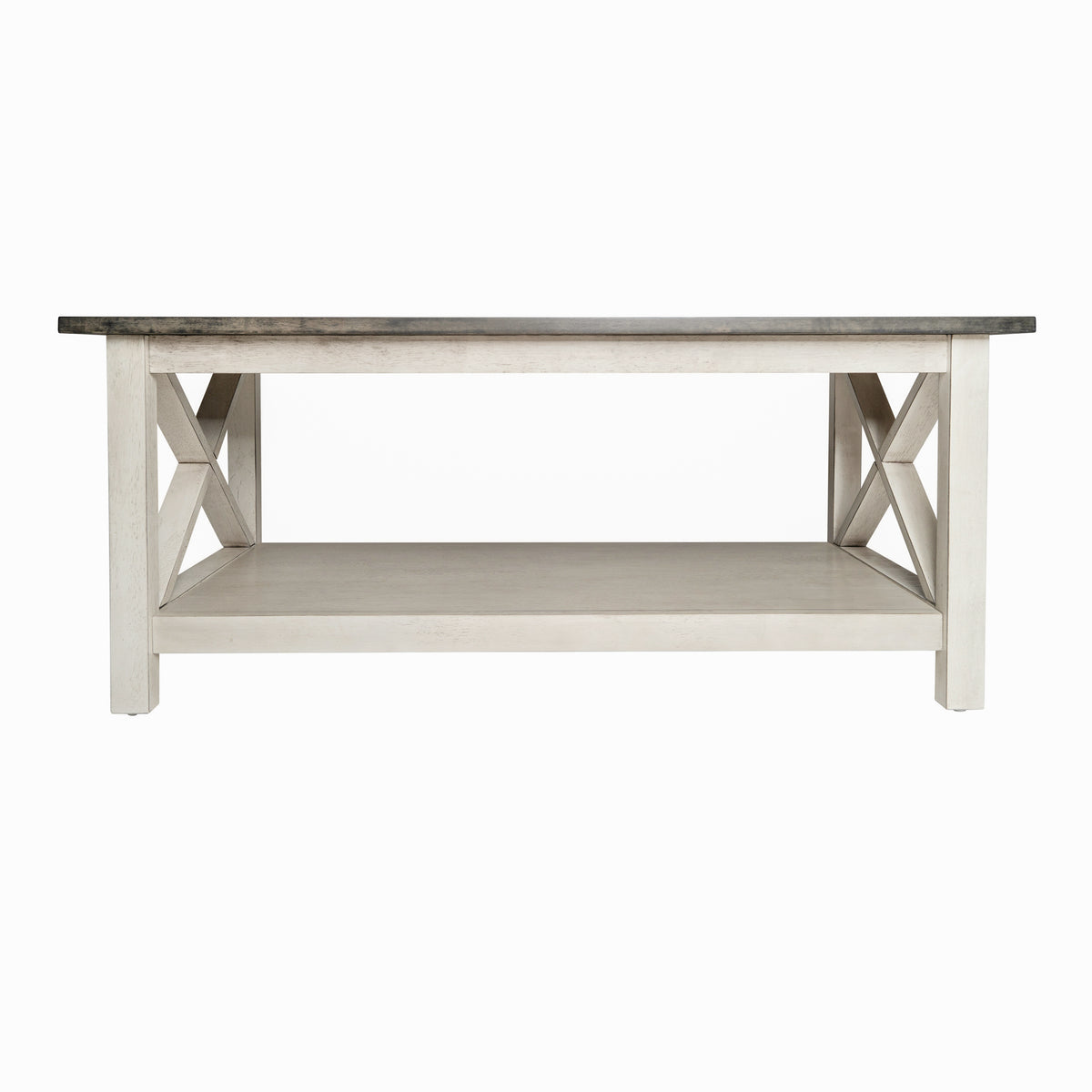 Jasper Farmhouse Style Solid Wood Coffee Table with Traditional X-Frame Design and Lower Shelf in Acacia Gray and Rustic White