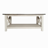 Jasper Farmhouse Style Solid Wood Coffee Table with Traditional X-Frame Design and Lower Shelf in Acacia Gray and Rustic White
