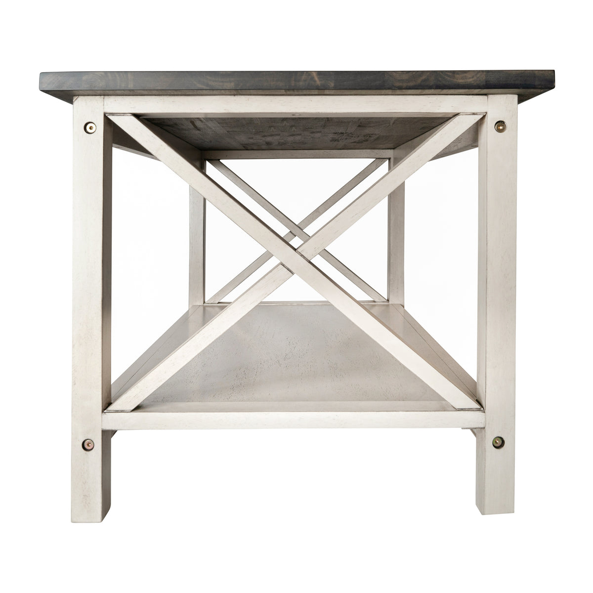 Jasper Farmhouse Style Solid Wood Coffee Table with Traditional X-Frame Design and Lower Shelf in Acacia Gray and Rustic White