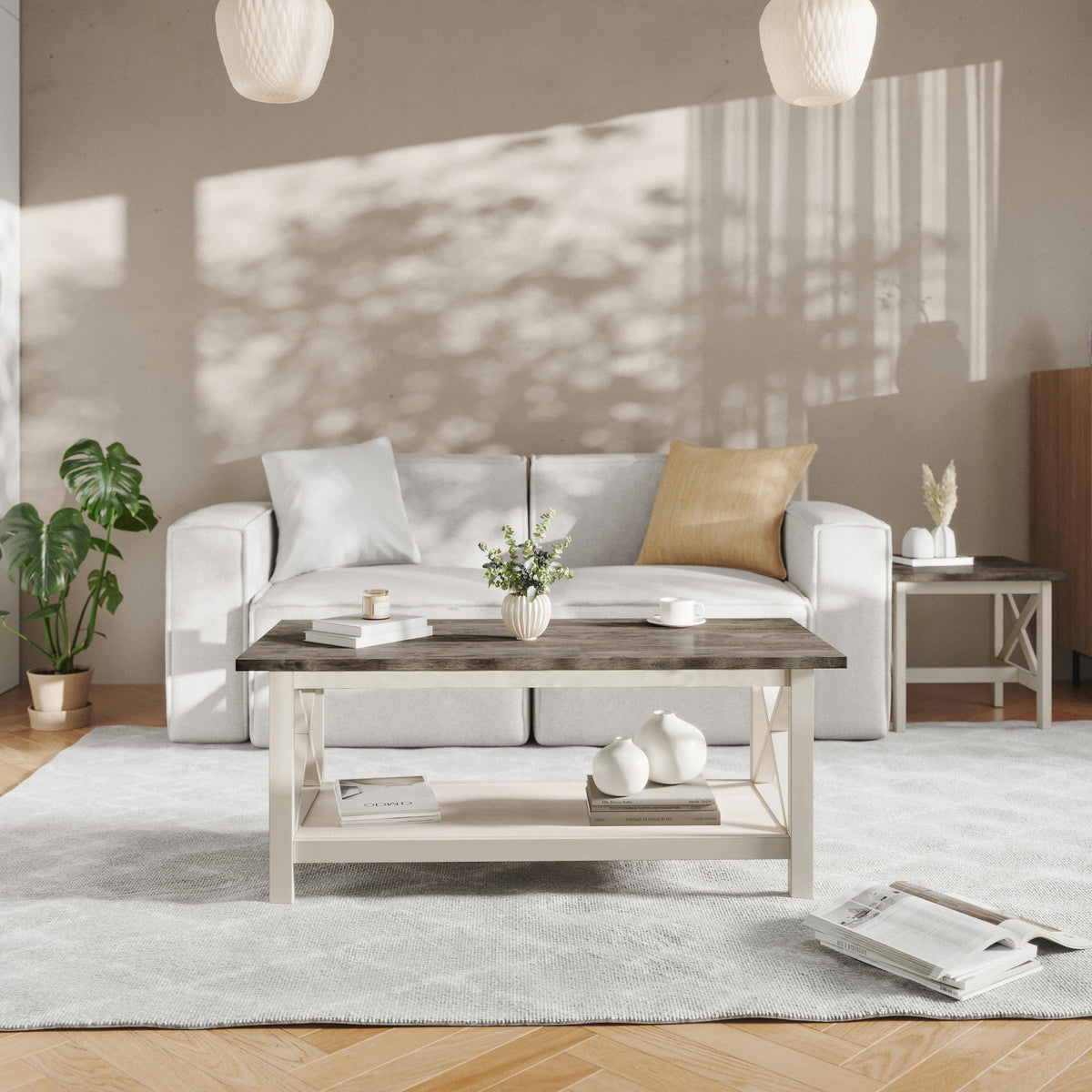 Jasper Farmhouse Style Solid Wood Coffee Table with Traditional X-Frame Design and Lower Shelf in Acacia Gray and Rustic White