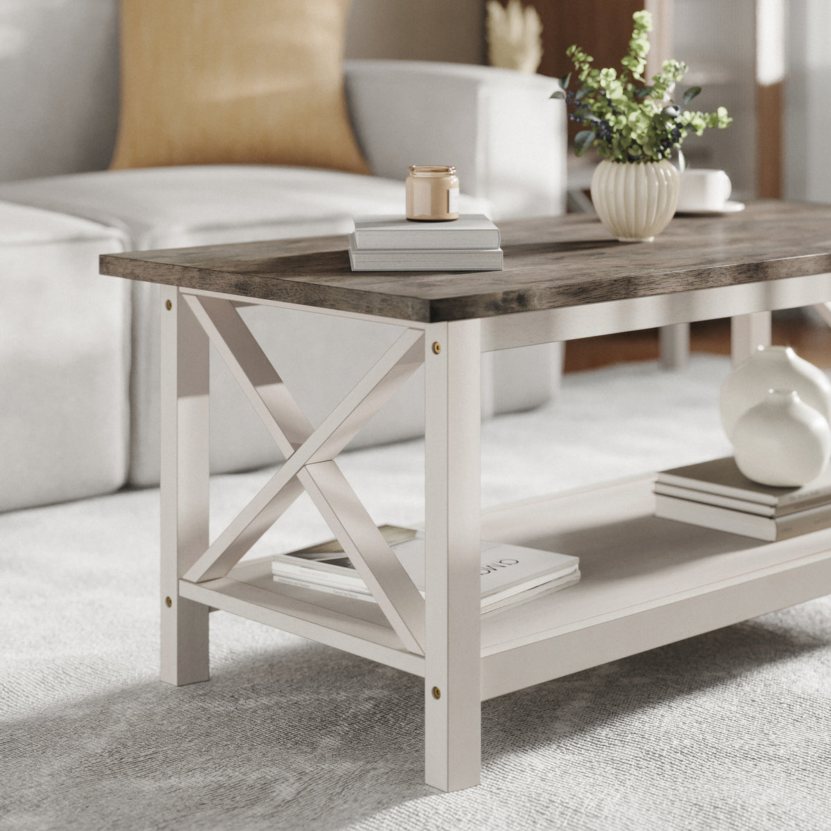Jasper Farmhouse Style Solid Wood Coffee Table with Traditional X-Frame Design and Lower Shelf in Acacia Gray and Rustic White