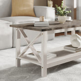 Jasper Farmhouse Style Solid Wood Coffee Table with Traditional X-Frame Design and Lower Shelf in Acacia Gray and Rustic White