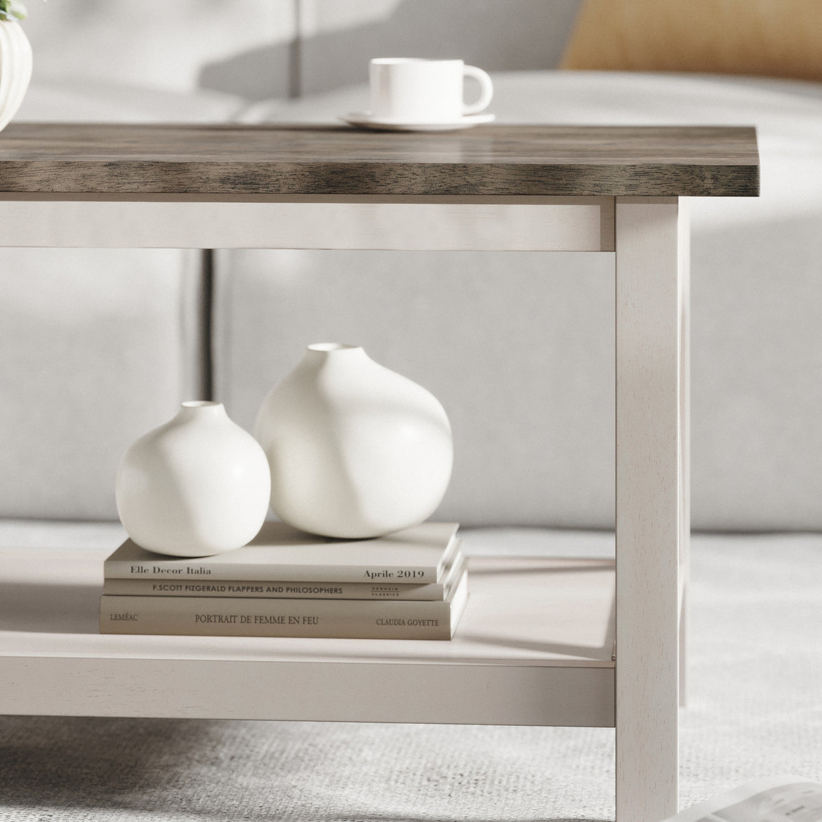 Jasper Farmhouse Style Solid Wood Coffee Table with Traditional X-Frame Design and Lower Shelf in Acacia Gray and Rustic White