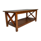 Jasper Farmhouse Style Solid Wood Coffee Table with Traditional X-Frame Design and Lower Shelf in Walnut