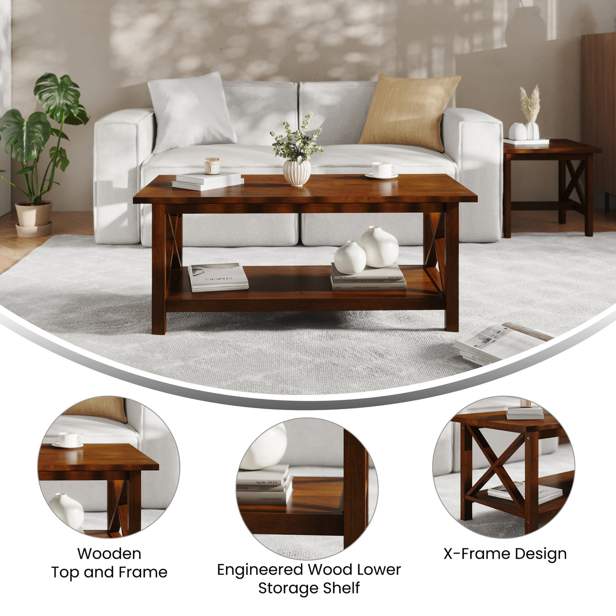 Jasper Farmhouse Style Solid Wood Coffee Table with Traditional X-Frame Design and Lower Shelf in Walnut